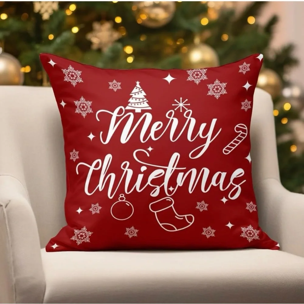 Christmas Pillow Covers 18x18 Set of 2 Red White Reindeer Merry Xmas Holiday